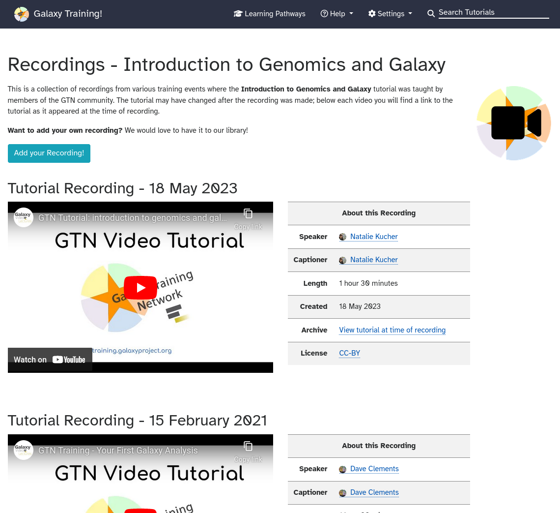 Screenshot of the GTN Video Library showing a tutorial recording with a large youtube player and extensive metadata about who created the video (Natalie Kucher) and when, how long, etc.