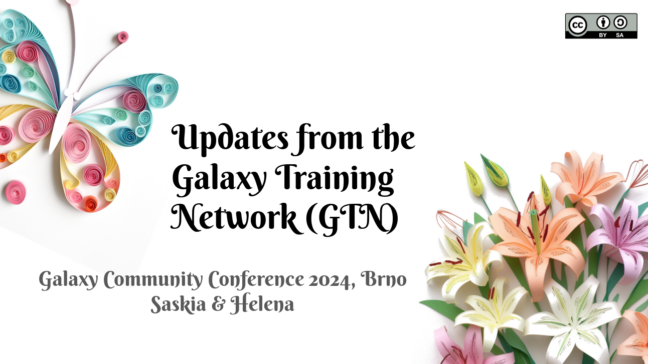 the title slide of the presentation titled Updates from the GTN , Galaxy Community Conference 2024 Brno, Saskia and Helena. The background consists of paper pieced flowers and a butterfly. a CC-BY-SA logo is in the top right corner.
