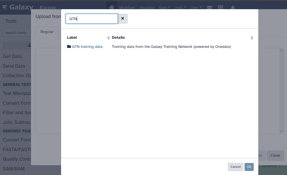 screenshot of galaxy data upload interface showing a folder named GTN Training Data