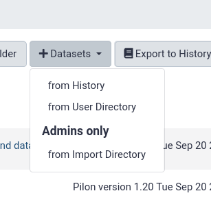 An add datasets dropdown menu in galaxy showing the options from history, from user directory, and under admins only, from import directory. 