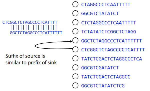 Image showing example reads represented as nodes, and an overlap between two reads as an edge