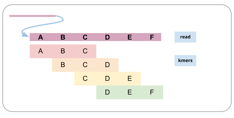 "An image of the a read broken into kmers: the read is a bold bar with the letters ABCDEF; each kmer is a smaller bar with three letters in it: the kmers are ABC, BCD, CDE, and DEF.". 