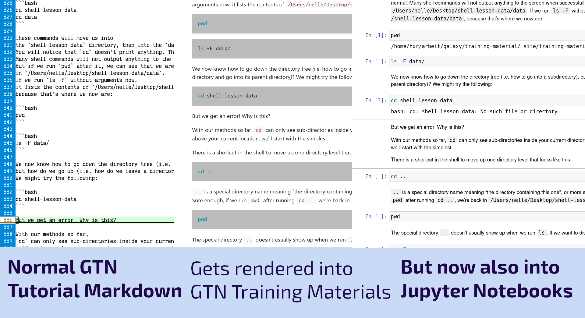 Image comparing Markdown, GTN materials, and new Jupyter Notebook output
