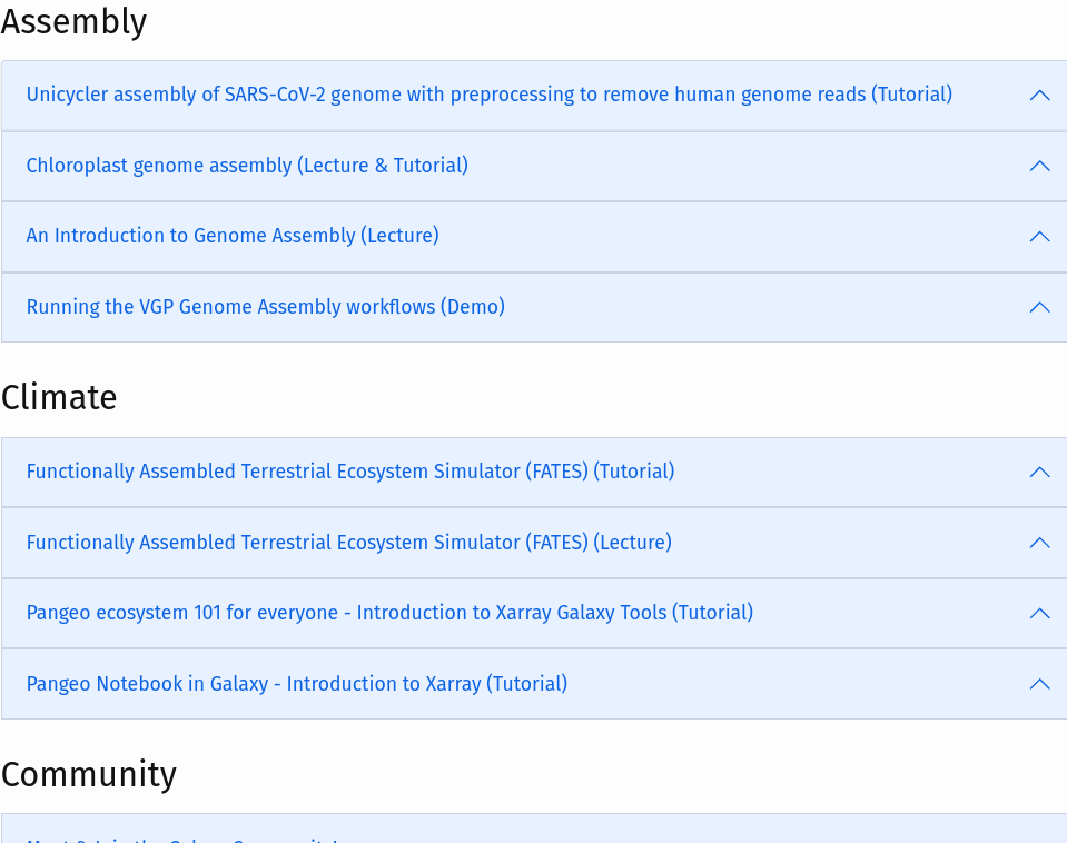 video library all videos page listing several categories of tutorials with multiple videos covering Assembly, Climate, and Community