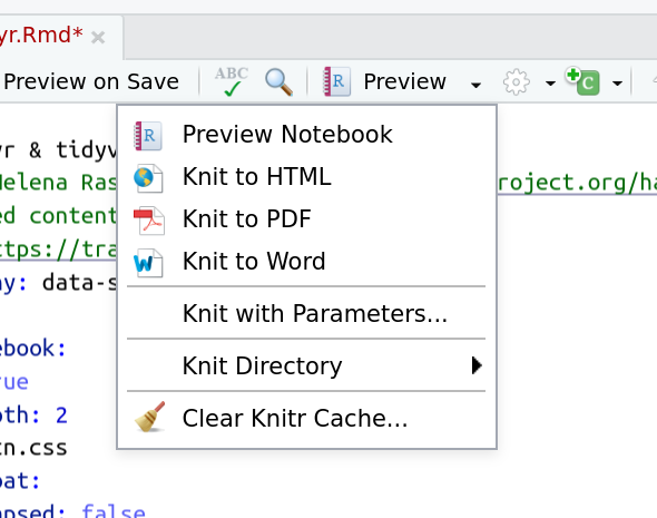 screenshot of preview dropdown with options like preview, knit to html, knit to pdf, knit to word