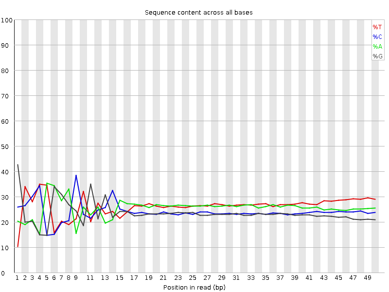 Fastqc plot showing sequence content as percent of the four bases, A C T G as a function of their position in the read. Below position 17, the lines are extremely jagged showing widely varying distribution of nucleotides that changes base by base. After position 17 in the read this stabilises to ~22% CG/~28% AT.