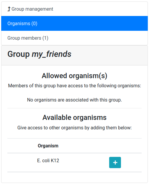 Screenshot of the group detail interface showing no allowed organisms, but one available organism that can be added to this group.