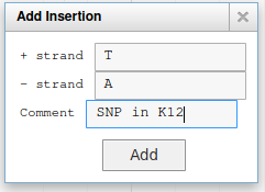 SNP menu with +strand and -strand (seems to be auto-filled out), and a mandatory comment field set to SNP in K12. 