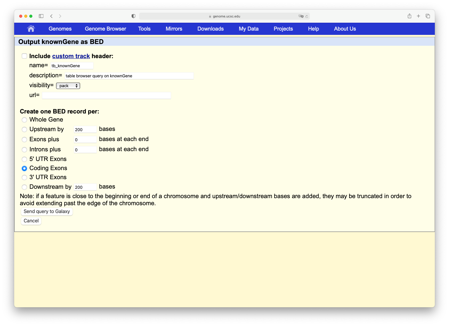 `UCSC table browser` tool, second screen for exons. 