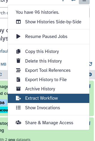 'Extract Workflow' entry in the history options menu. 
