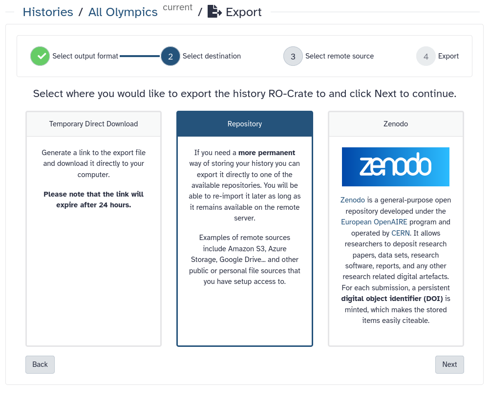history export destination selection menu. 