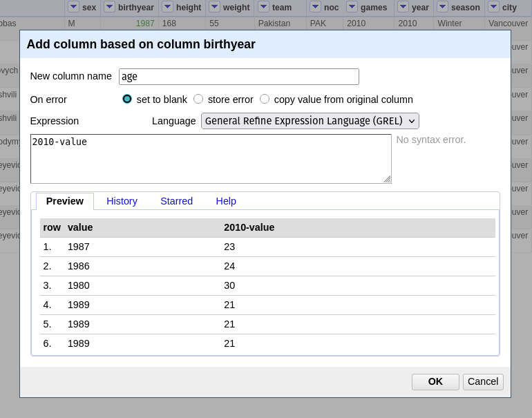 create new column menu. 
